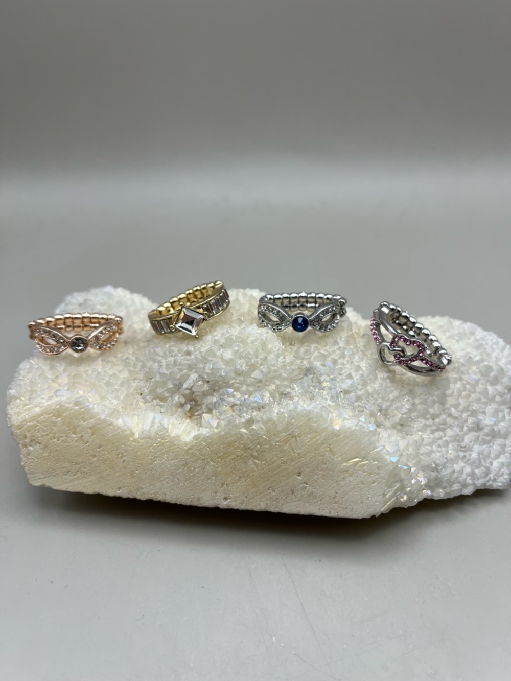 Set of 4 Crystal Cocktail Stretch Rings | one size fits most 6-10